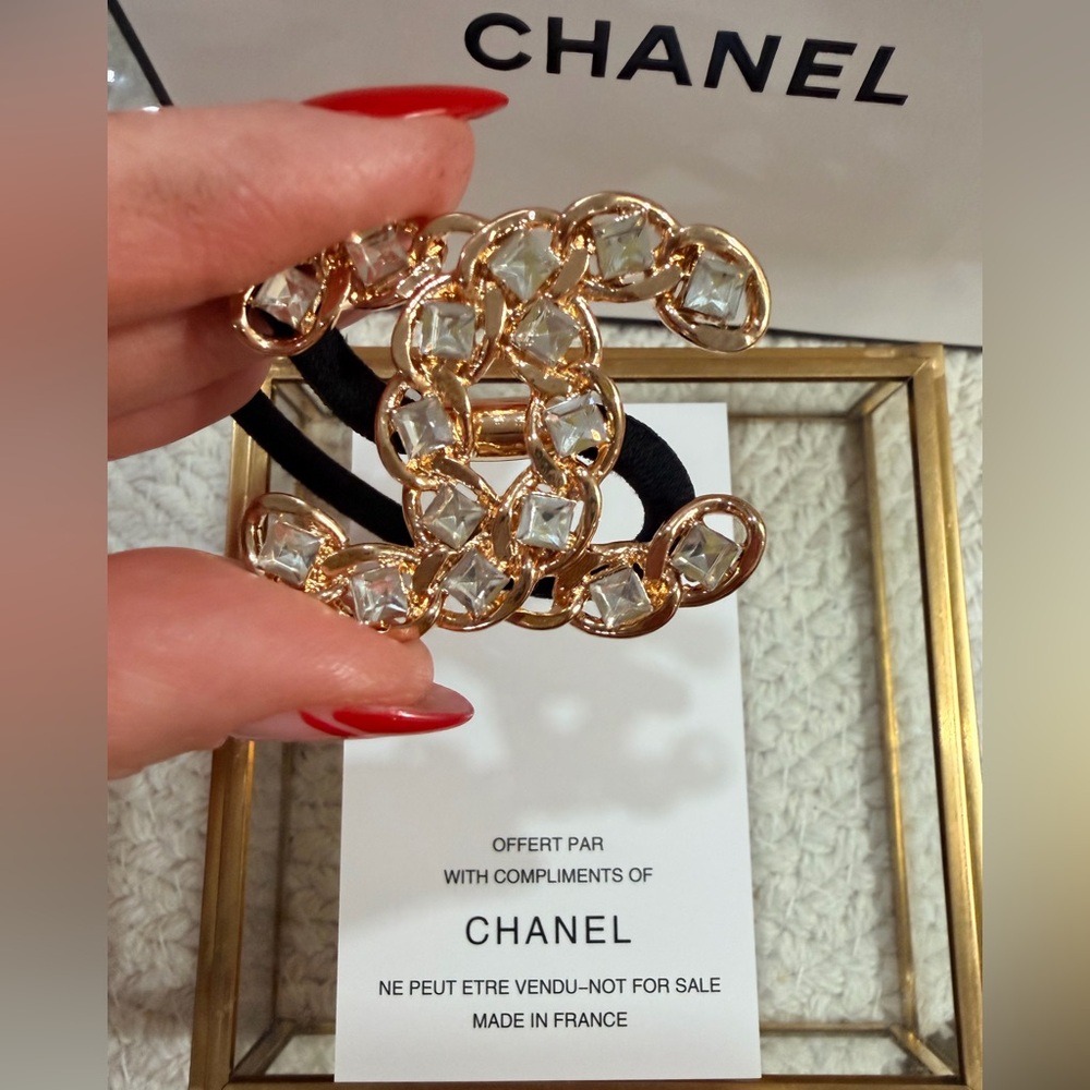 CC Gold-Tone Crystal Embellished Logo Hair Tie - New + Gift Bag!